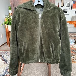 Fuzzy green bomber jacket with hood